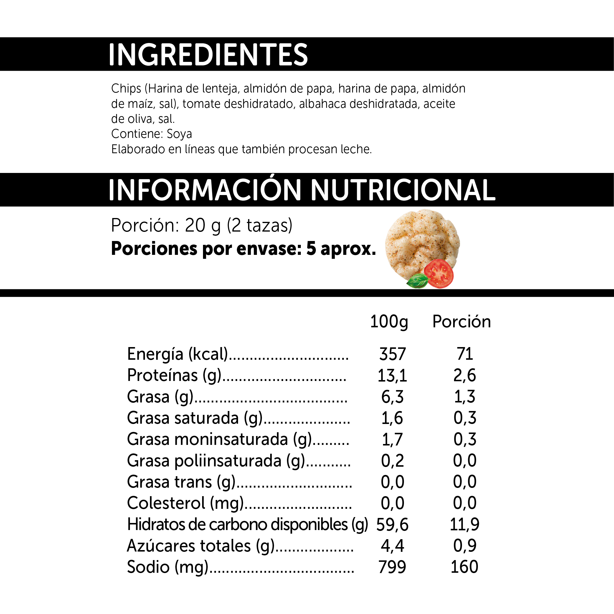 Popped Chips de Lentejas con Tomate y Albahaca - 98 gr